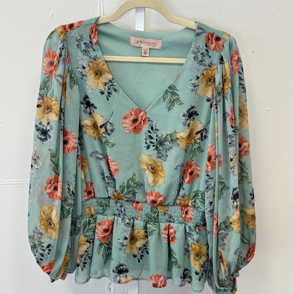 Philosophy Floral Peplum Hem Blouse XL Seafoam Green Smocked Waist Boho Romantic